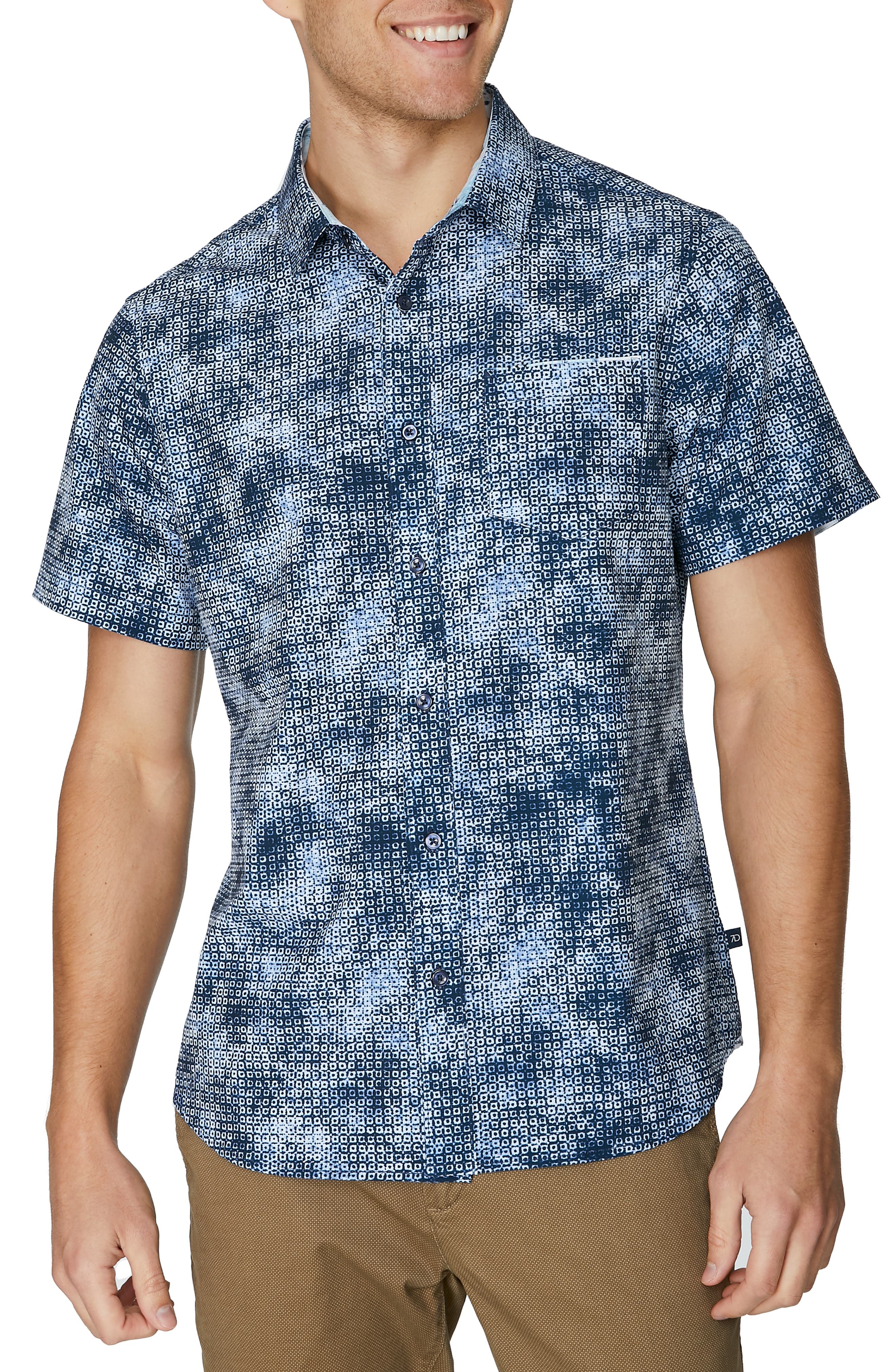Retro Short Sleeve Button Down Shirts for Men Bohemian Diamond Printing Stitching 